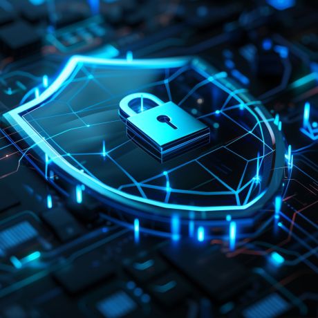3D illustration of shield with lock and digital data network, blue color theme, isometric view, on dark background, concept for cyber security technology or online protection, detailed design, high resolution --ar 16:9 Job ID: fd295fbe-f95b-4c9b-a74c-1a67df883f9c